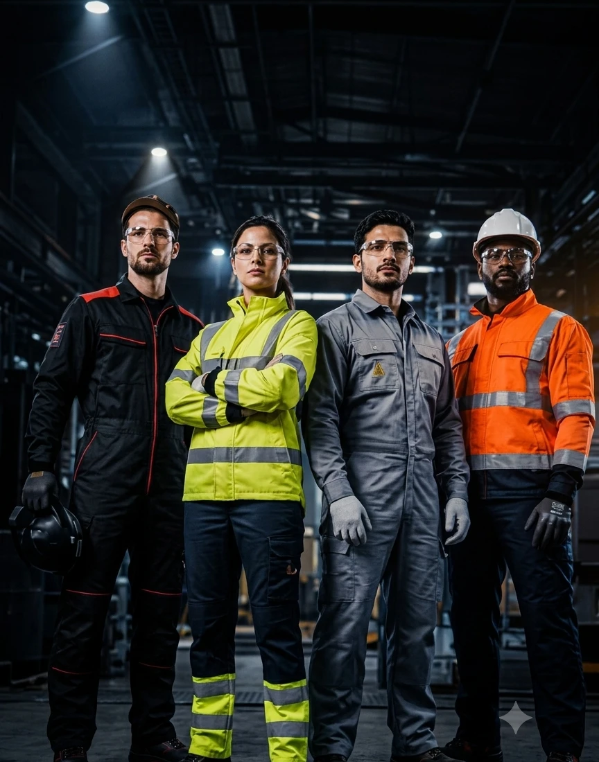 Coreshield team — four workers in flash fire, hi-vis, FR and industrial protective workwear